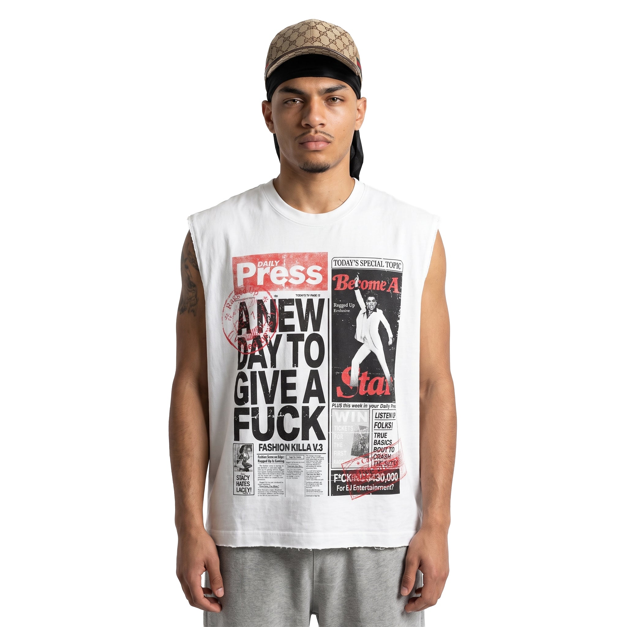 NEWSPAPER SLEEVELESS SHIRT